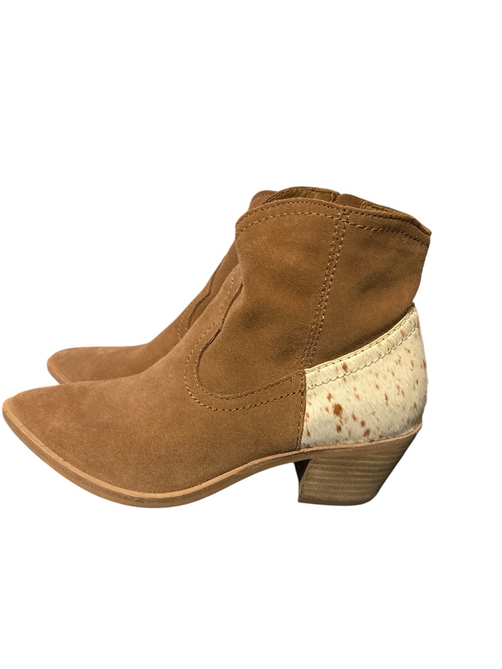 dolce Vita Senica Western Ankle Boots Tan Suede with Cow Hair on Heel. Two tone